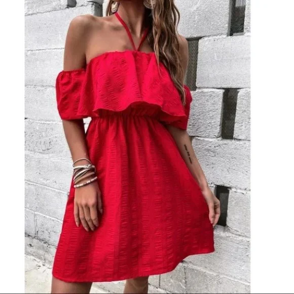 Tie Back Off Shoulder Ruffle Trim Dress - Picture 9 of 9